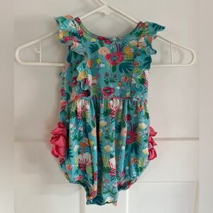 Ruffle Butts Girls Teal Floral Ruffle Romper 12-18mo